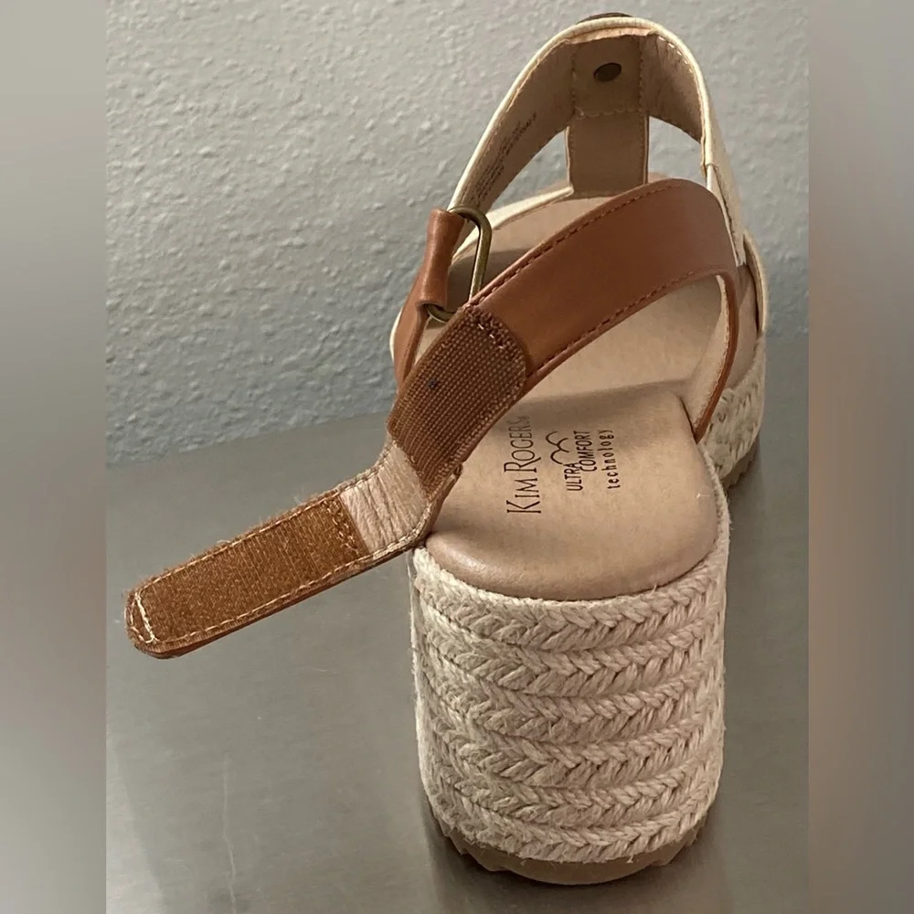 NEW…KIM ROGERS TAN AND CREAM ESPADRILLE WEDGE SANDALS 9